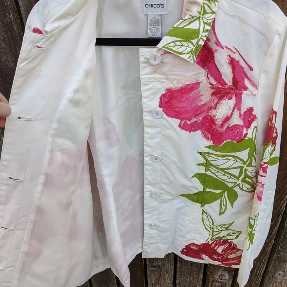Chico's 3 Jacket Blazer Pink White Watercolor 16 - Picture 3 of 6
